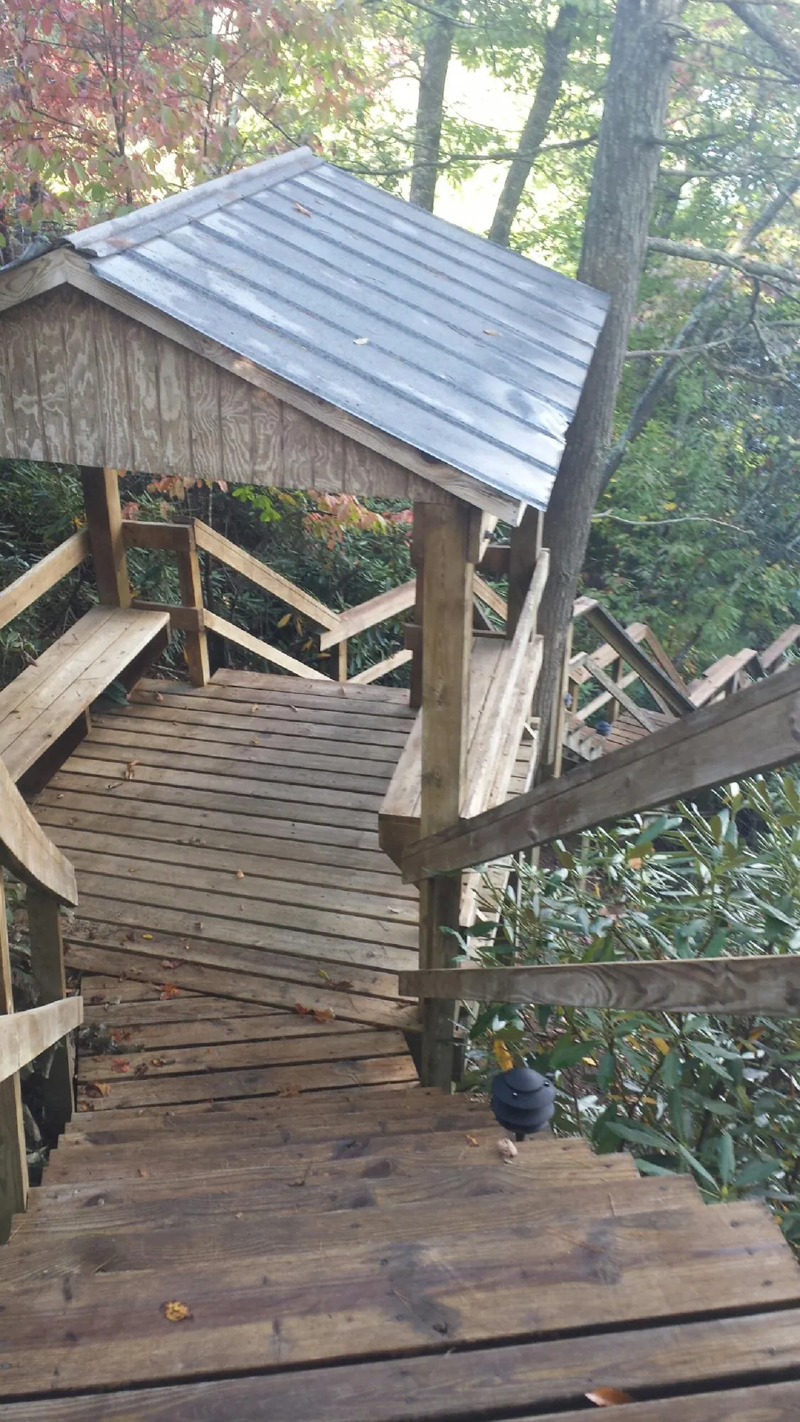 Metal roofed shelter over wooden steps on a wooded walkway — Skylight Repair & Installation work by our crew in Alburnett